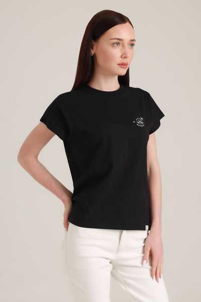 T-Shirt Women Short Sleeves Space Cat Black