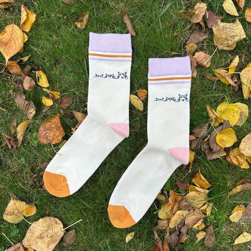 Pocket Cats – Bio-Baumwollsocken mit frechen Katzen in der Tasche - Das Sockenpaar ist im grünen Gras, umgeben von Herbstblättern, fotografiert. Der Saum ist lila und ca. 4 cm breit. darunter befinden sich zwei Querstreifen in gelb und lila (ca 3-5mm). 2 cm darunter befindet sich das Pocket Cats-Motiv. mit einem durchgehenden Strich gezeichnet sieht man 3 Katzen, die von links nach rechts aufsteigend mehr von ihrem Gesicht zeigen. die Ferse is rosa, die Sockenspitze ist Ocker-gelb. Foto v. Ungerade Wien