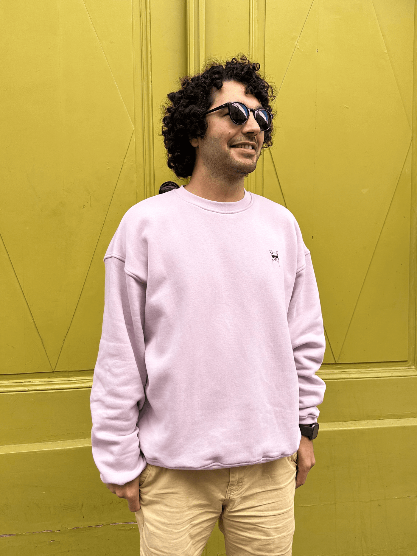 Mann in fairem Sweateshirt in Lavender mit CoolPaka-Motiv aus Wien