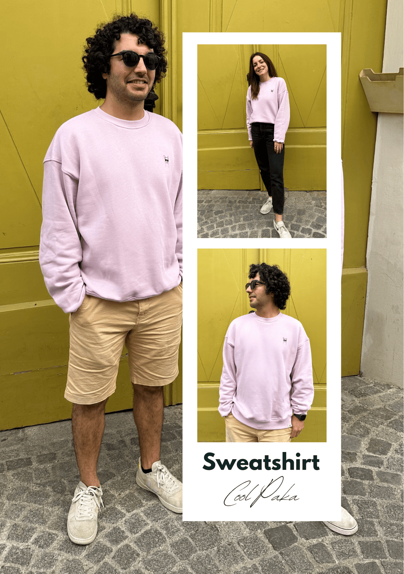 Menschen in fairem Sweateshirt in Lavender mit CoolPaka-Motiv aus Wien