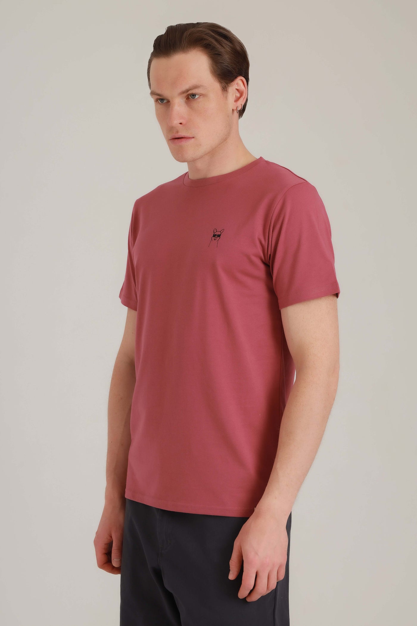 Mann in fairem Shirt in Rosa mit Cool Paka-Motiv seitlich